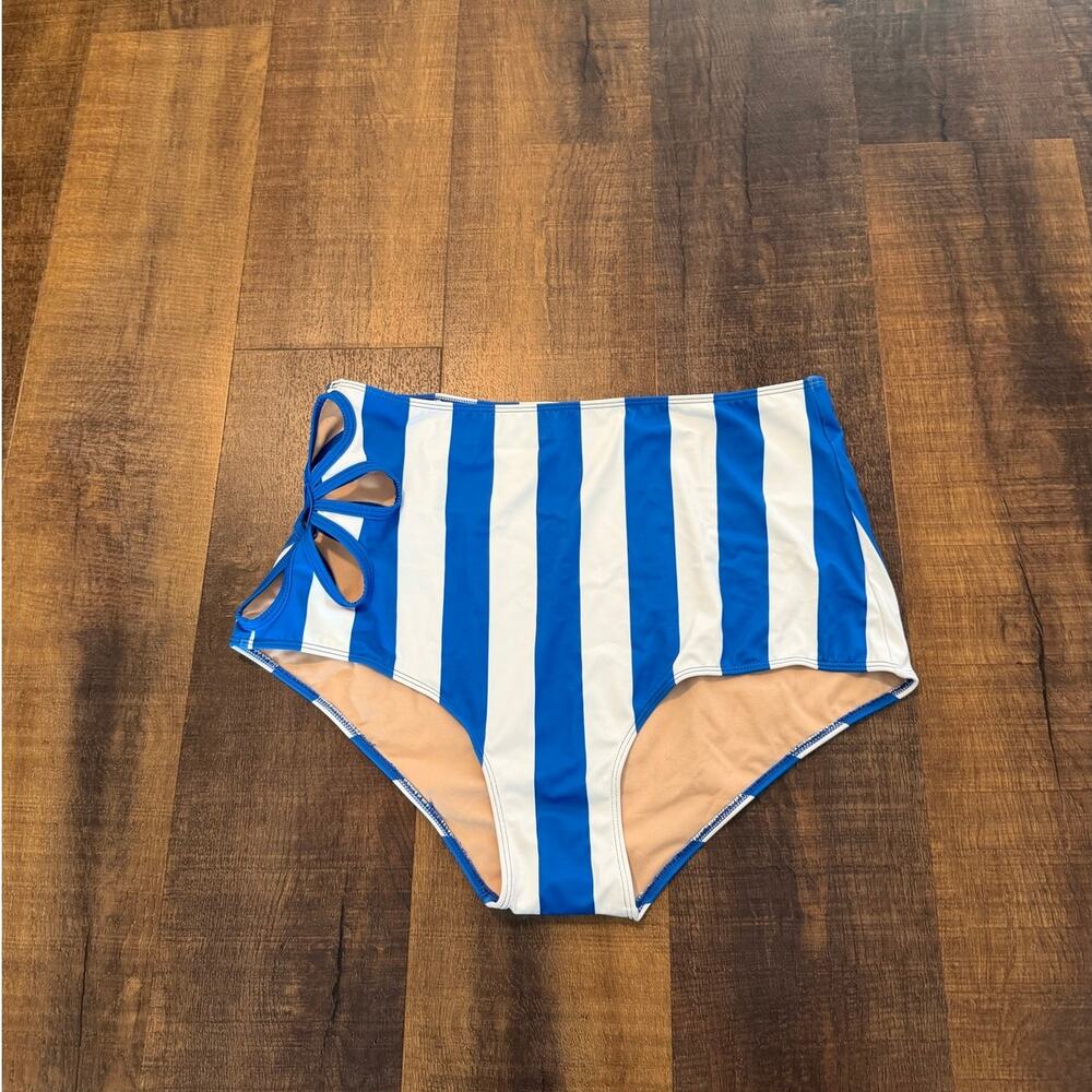 Kortni Jeane Blue White Stripe Flower Cutout High Waisted Swim Bottoms 2XL